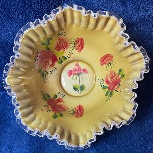 Fenton Carmel Cased Glass Hand Painted Bowl Pink Red Roses Silver Crest Vintage